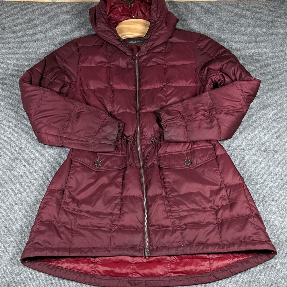 Retro Eddie Bauer Quilted Hooded Goose Down Winter Parka Jacket XL Burgundy Coat